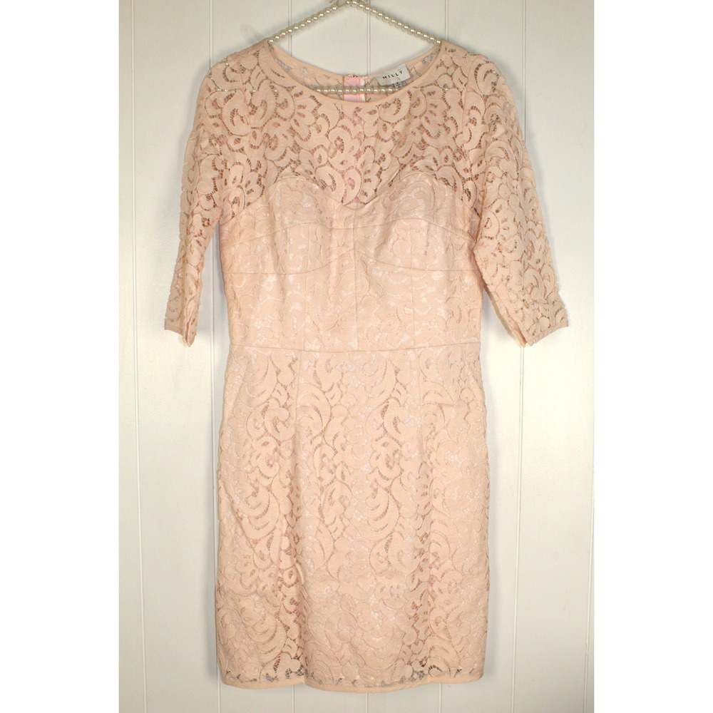 Milly Pale Pink Sweatheart Neckline Back Exposed‎ Zip Lace Dress SZ 8